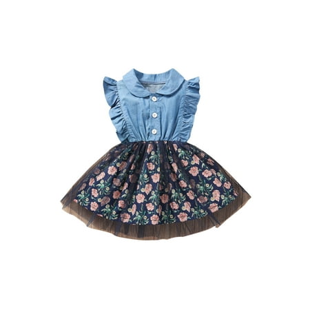 

Toddler Baby Girls Denim Dress Ruffled Sleeveless Flroal Print Tulle Tutu Skirt Princess Outfit