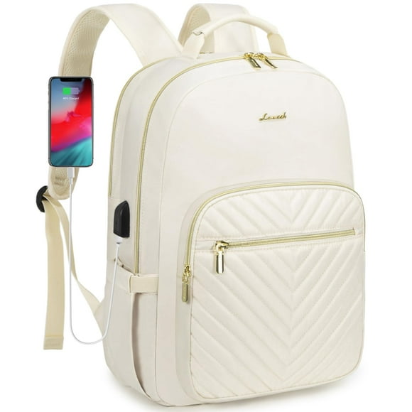 Mochila LOVEVOOK para portátil de mujer de 15,6 pulgadas con puerto USB, color beige