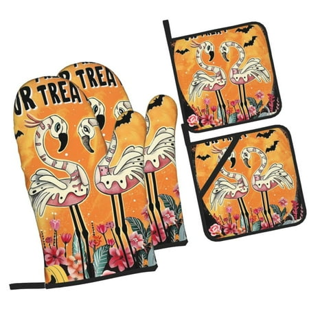 

Fotbe Halloween Flamingos for 4Pcs Oven Mitts and Pot Holders 500℉ Heat Resistant Oven Mitts Non-Slip Silicone Surface Safe for Baking Cooking BBQ