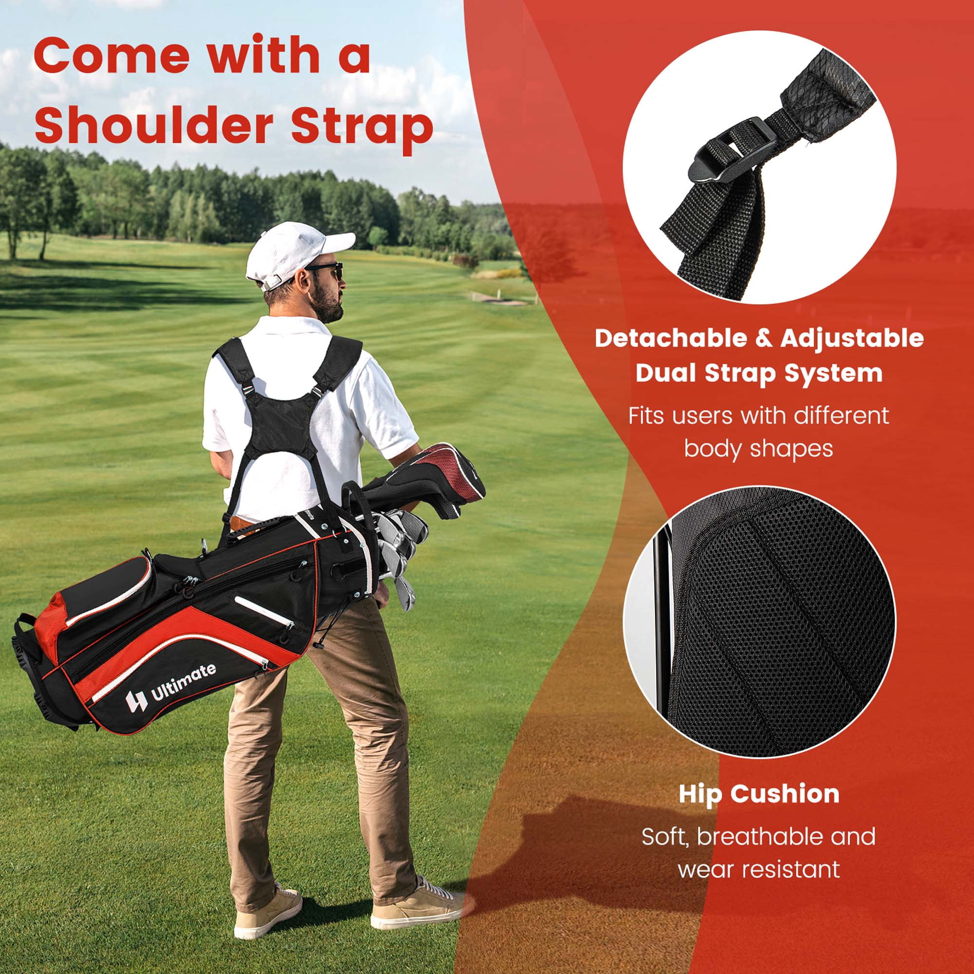 Costway Lightweight Golf Stand Bag with 14 Way Top Dividers 6 Pockets Cooler Bag Rain Hood Red