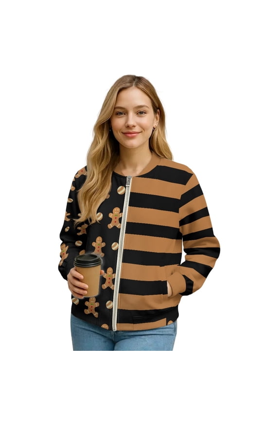 Women's Bomber Jacket Zip Up Long Sleeve Varsity Shackets Lightweight Coat with Pockets, Stand Collar Loose Fit Casual Jacket Christmas Cookie Man Outfits, Large, Gingerbread Man Stripes