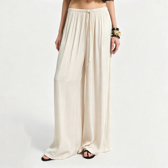 Vxararl Womens Wide Leg Flowy Palazzo Pants Casual Beach Vacation Clothes, Summer Fall 2026 High Waist Flowy Fit with Drawstring Trousers Palazzo Pants for Women Beige XL