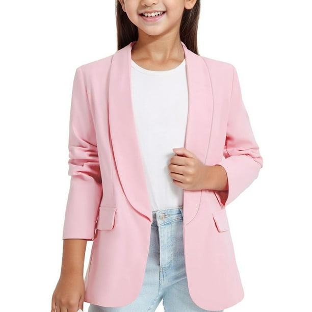 Durtebeua Girls Blazer Long Sleeve Shawl Collar Formal Blazers Suit Jacket Open Front Inner Pocket for Kids Pink 13 14 Years