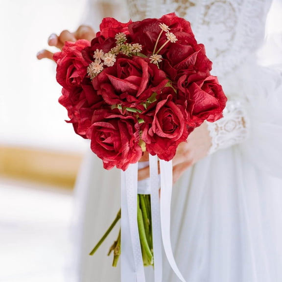 HCBY Artificial Rose Hydrangea Flowers Bouquet Faux Silk Rose Flowers Bouquet for Bride Bridesmaid Centerpieces Floral Arrangement Home Decoration (Red 9.8"x5.6")