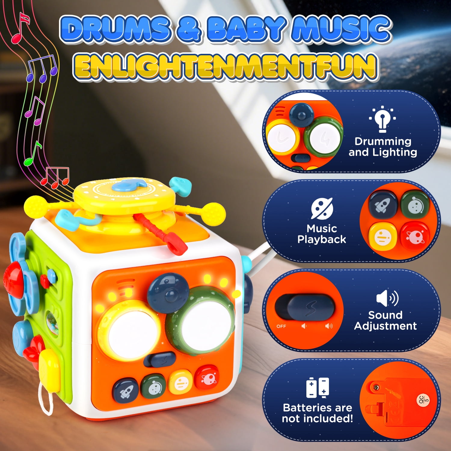 Huge Wave 7-in-1 Baby Activity Cube with Music & Light, Montessori Learning Toys for Toddlers, Removable Educational Toys Birthday Gifts for Kids 6-18 Months