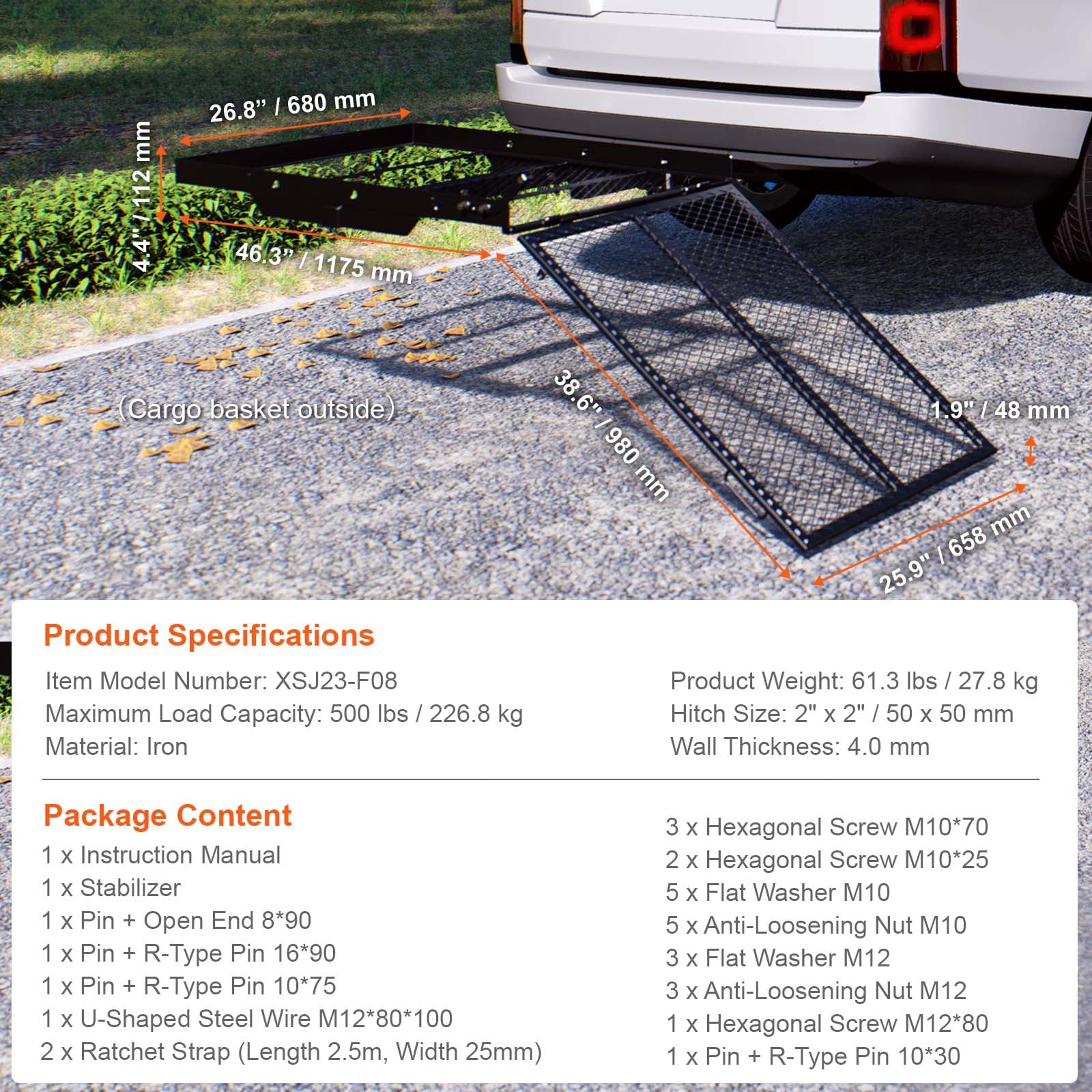 KFFKFF Hitch Mount Cargo Carrier, 45.3" x 25.6" Iron Cargo Rack with Foldable Ramp, Basket with Stabilizer and Straps, 500LBS Capacity for Mobility Scooters, Compatible with 2" Hitch Receivers