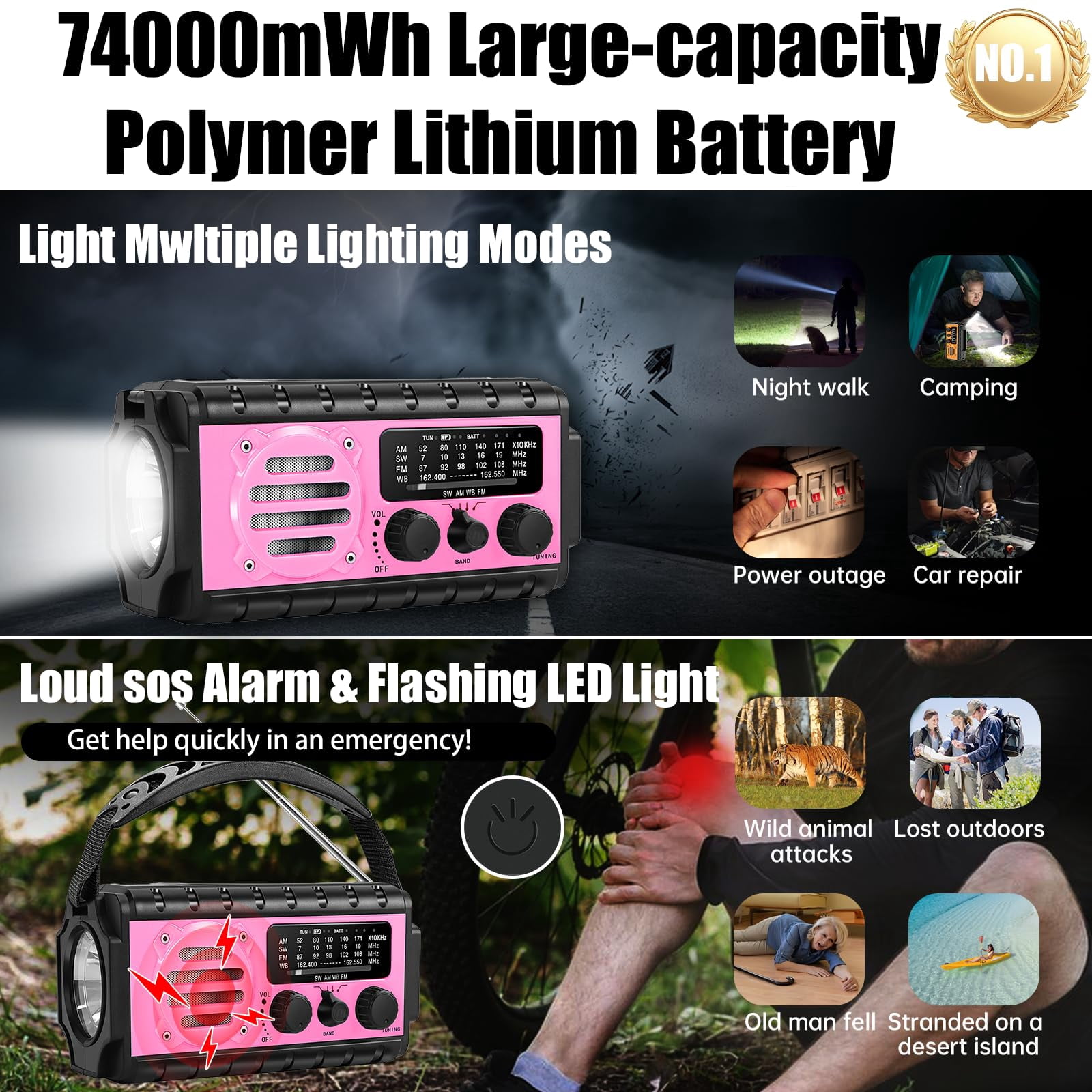 74000mwh Emergency Radio With Noaa Weather  Portable Hand Crank Sw/am/fm Fast Charge Rechargeable Solar Flashlight Reading Lamp Sos Sirenor Home Outdoor(pink)