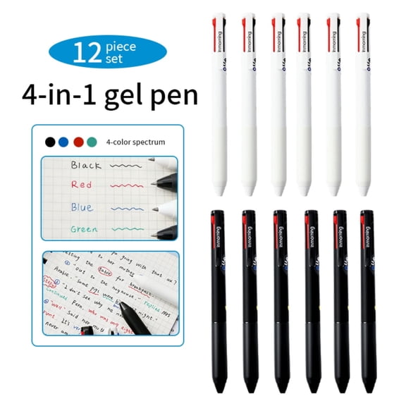 12 multicolour gel pens, 4 in 1, 1 style with 4 colours, smooth, non stop ink, fast drying, simple solid colour design, DIY study office writing, black high capacity gel pen