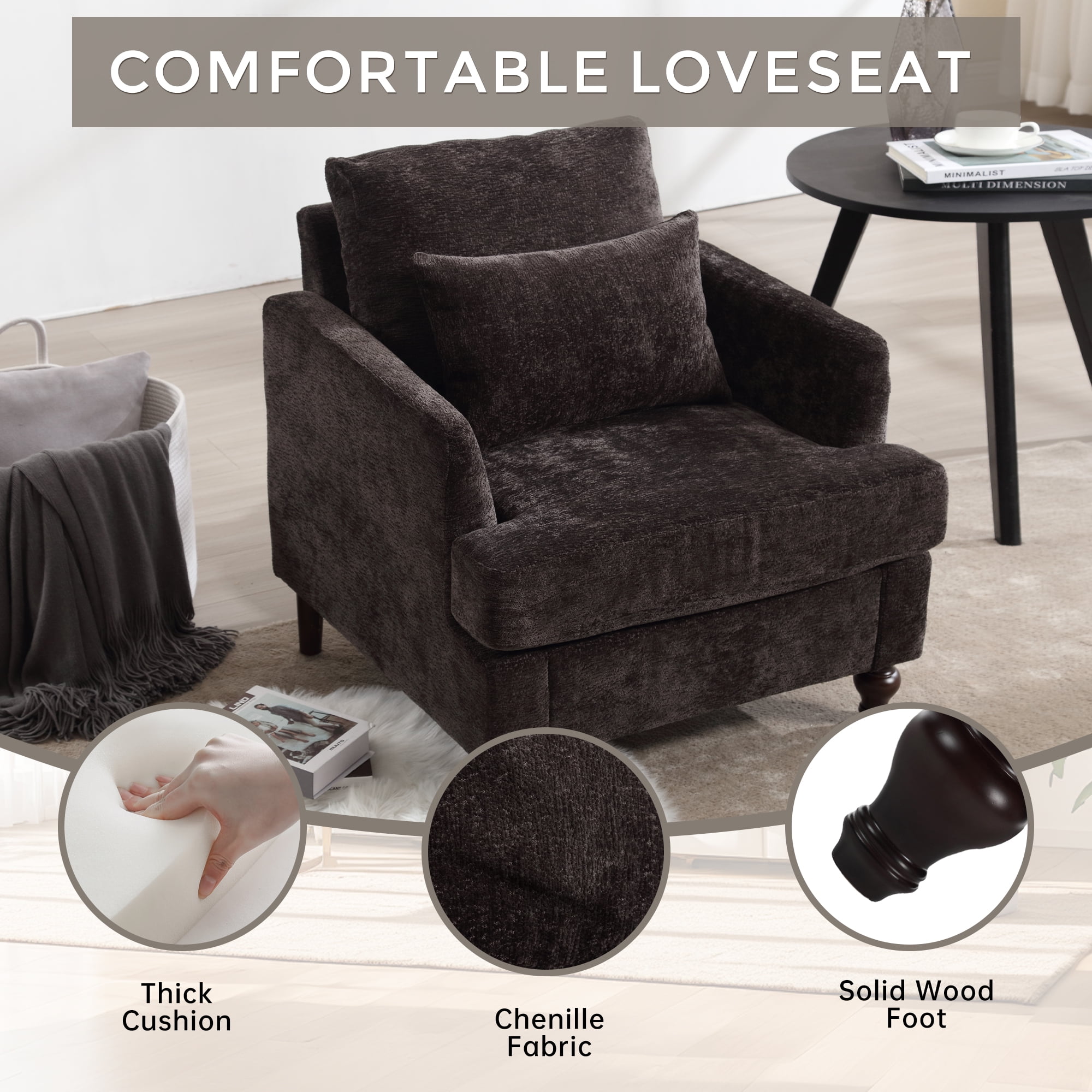 MAYEERTY Wood Frame Armchair, Modern Accent Chair Lounge Chair Tufted Club Chair, Mid Century Modern Arm Chairs with Studded, Solid Wood Frame, for Bedroom, Reading (Black Chenille)