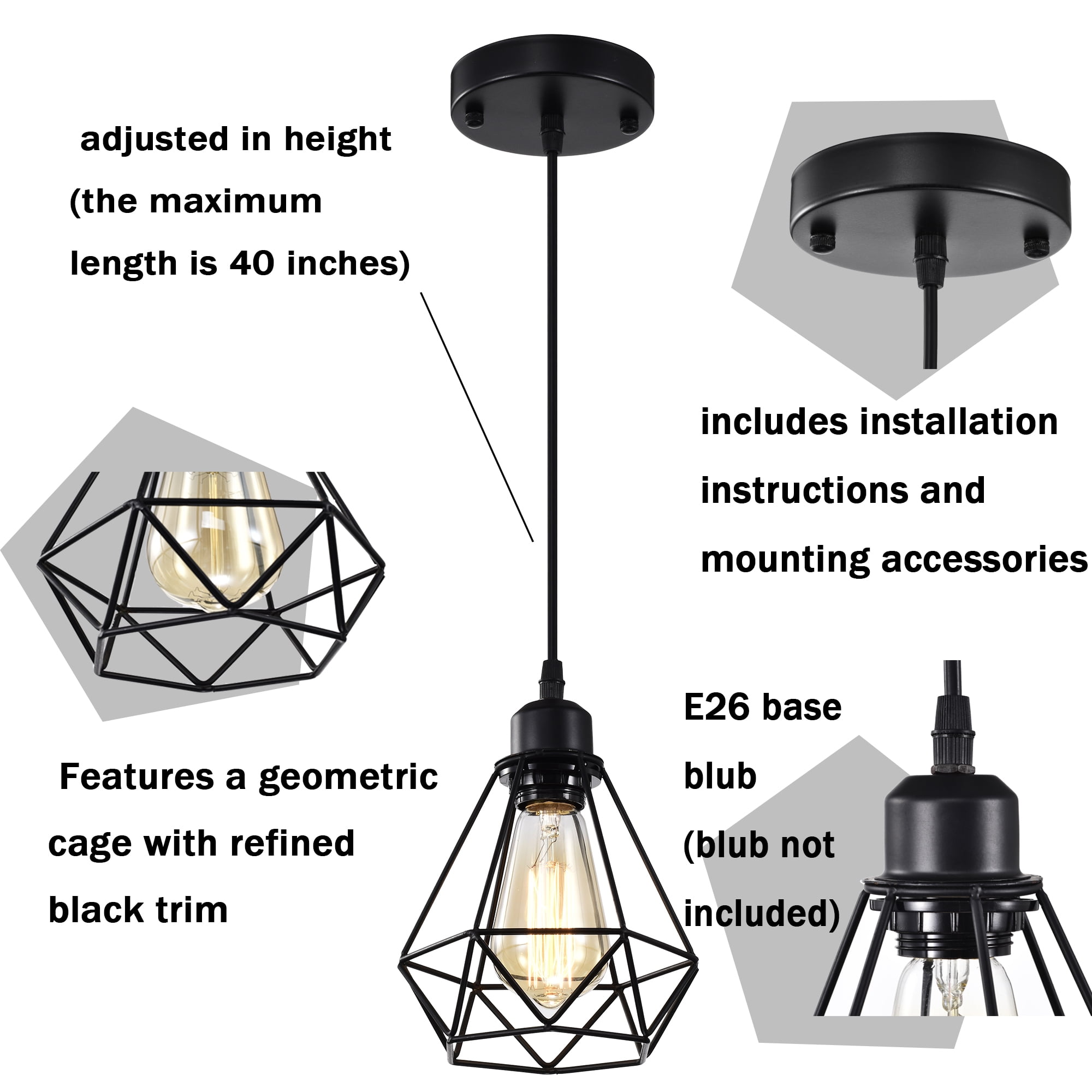 Modern Industrial Pendant Light 2 Pack Black Metal Geometric Cage E26 Hardwired Hanging Ceiling Light for Kitchen Island