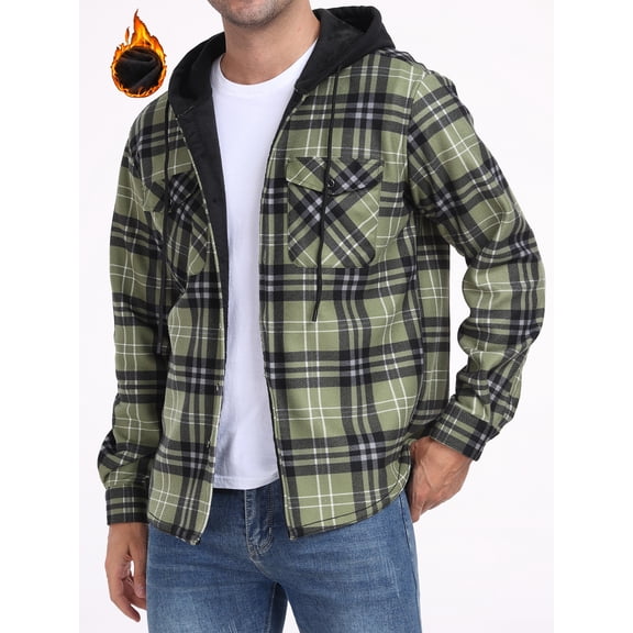 GIRUNS Men's Plaid Shirts Jacket Fleece Flannel Lined Long Sleeve Shirts Sherpa Button Down Coat With Hood Black Light Green L