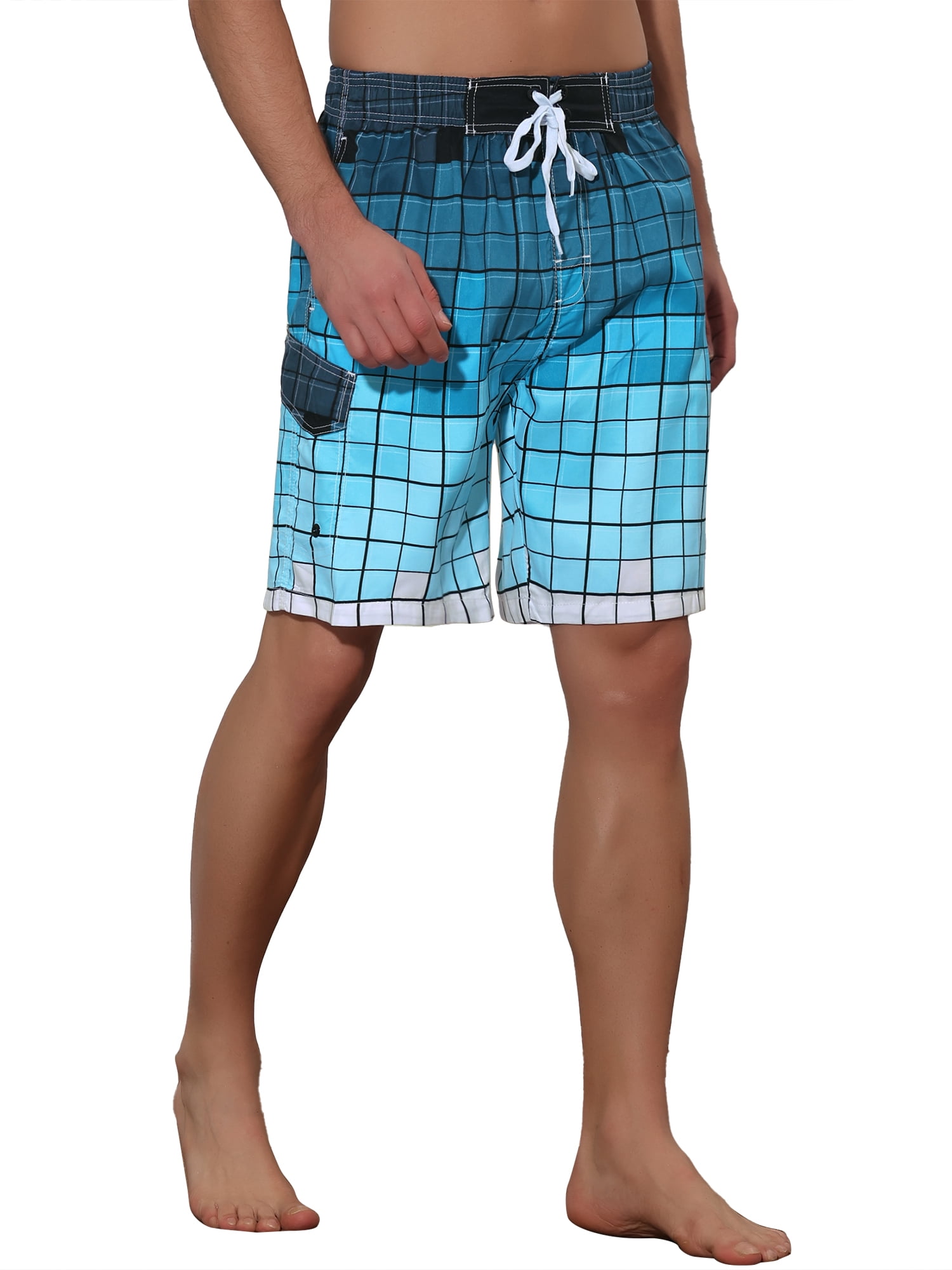 Unique Bargains Men's Hawaiian Drawstring Waist Color Block Plaid Board Shorts 32 Blue