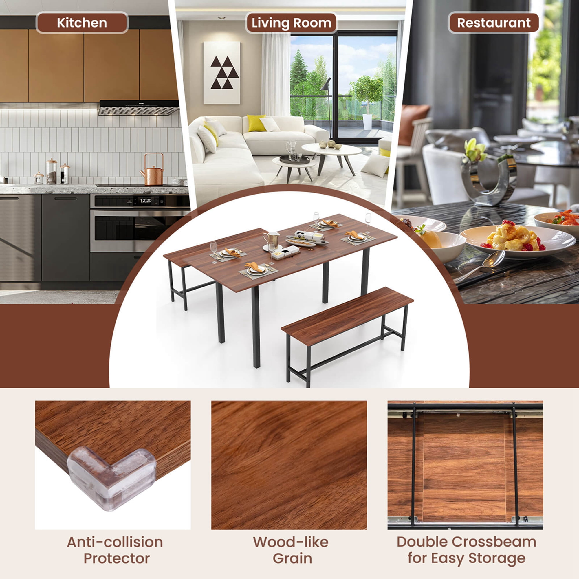 Costway 3 Piece Dining Table Set for 4-6  63"Kitchen Table with 2 Benches Metal Frame Walnut