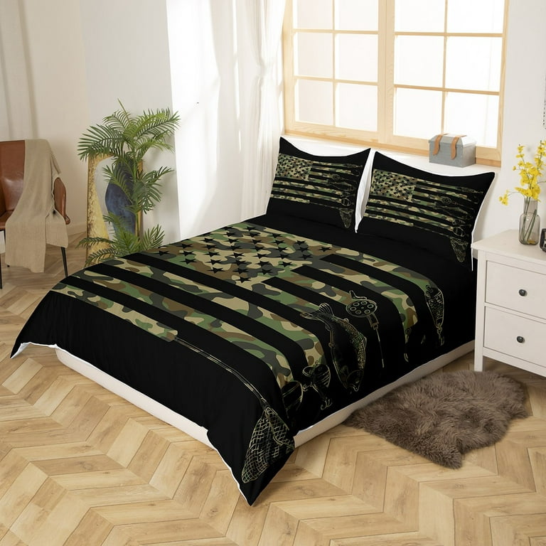 YST Camo Fishing Bedding Set For Boys Full,Army Green Camouflage American  Flag Comforter Cover Big Bass Pike Fish Duvet Cover Fishing Rod Net Quilt  Cover Rustic Farmhouse Room Decor 3 Pcs 
