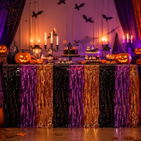 AuroraX Halloween Wavy Foil Table Skirt Halloween Metallic Fringe Table Skirt Purple Orange Multicolor Black Halloween Party Table Decoration