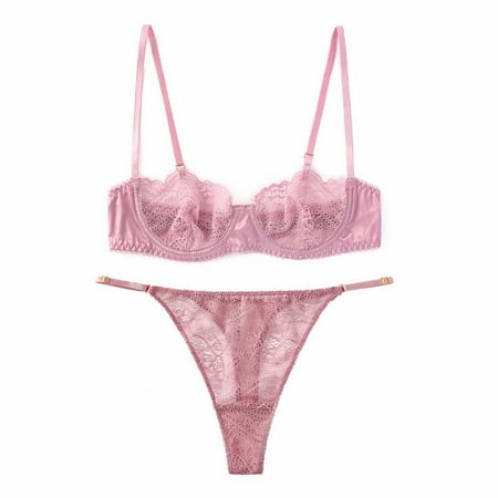 YHGFVOKJ Lingerie for Women Sexy Lace Half Cup Ultra Thin Bra Set T Pants Sexy Underwear Bra Light Thin Lace Lingerie Set Women Apparel Pink XL