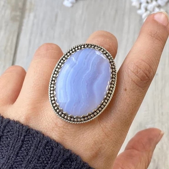 Blue Lace Agate Ring , Gemstone Ring, Statement Handcrafted Ring. made In 925 Sterling Silver. Boho Ring, Stone Ring, Boho Jewelry Gift Her.