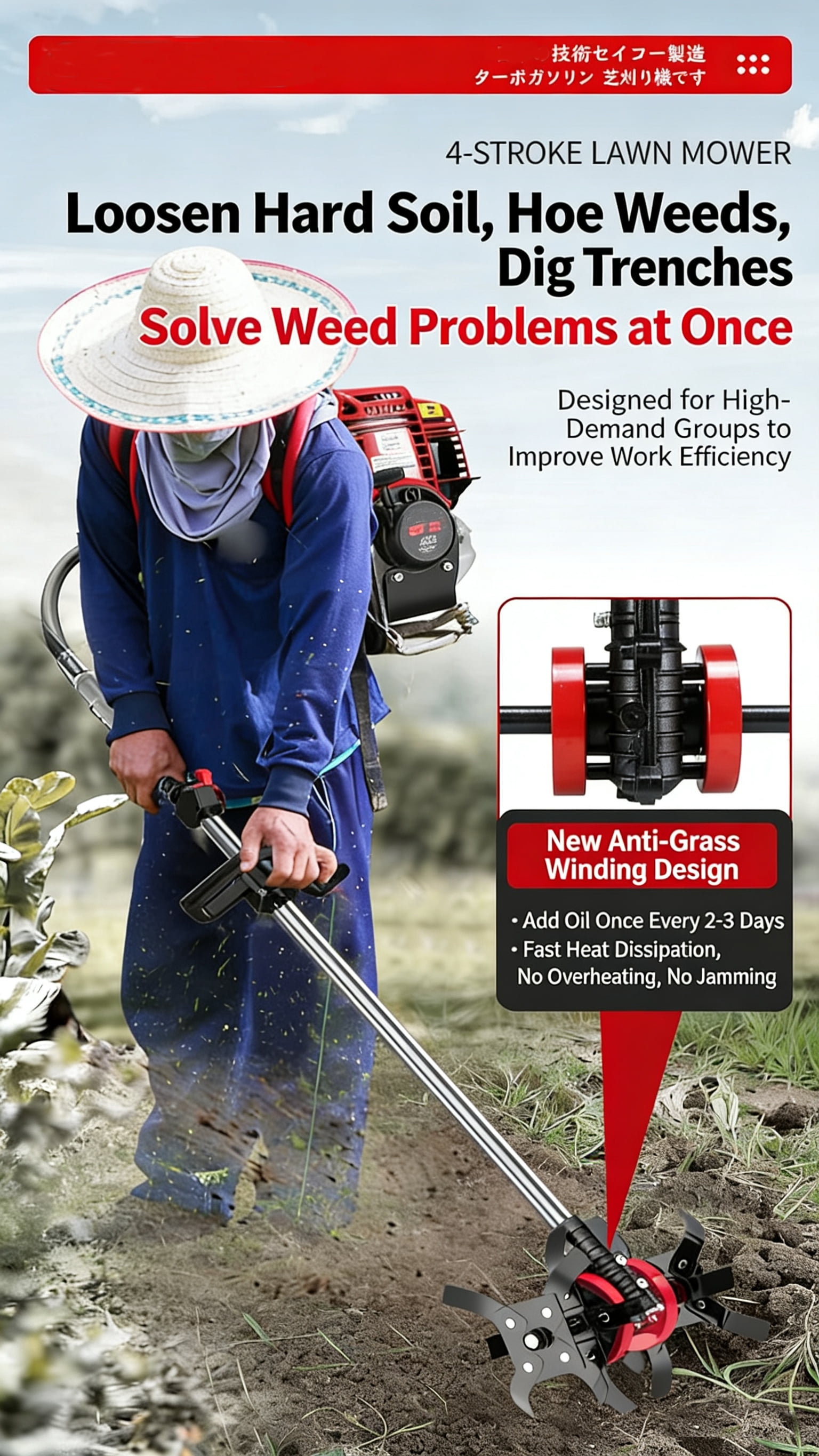 GX35 Backpack Brush Cutter 4 strokes pole saw hedge trimmer + 2 extension rods