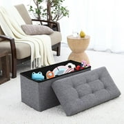 Ornavo Foldable Tufted Linen Large Storage Ottoman Bench Foot Rest Stool/Seat - 15" x 30" x 15"- Grey