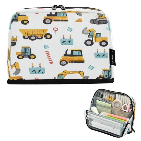 Standing Pencil Case with Base Large Capacity Stationery Pouch Pen Bag with Zipper for Women Men Construction Trucks and Excavators