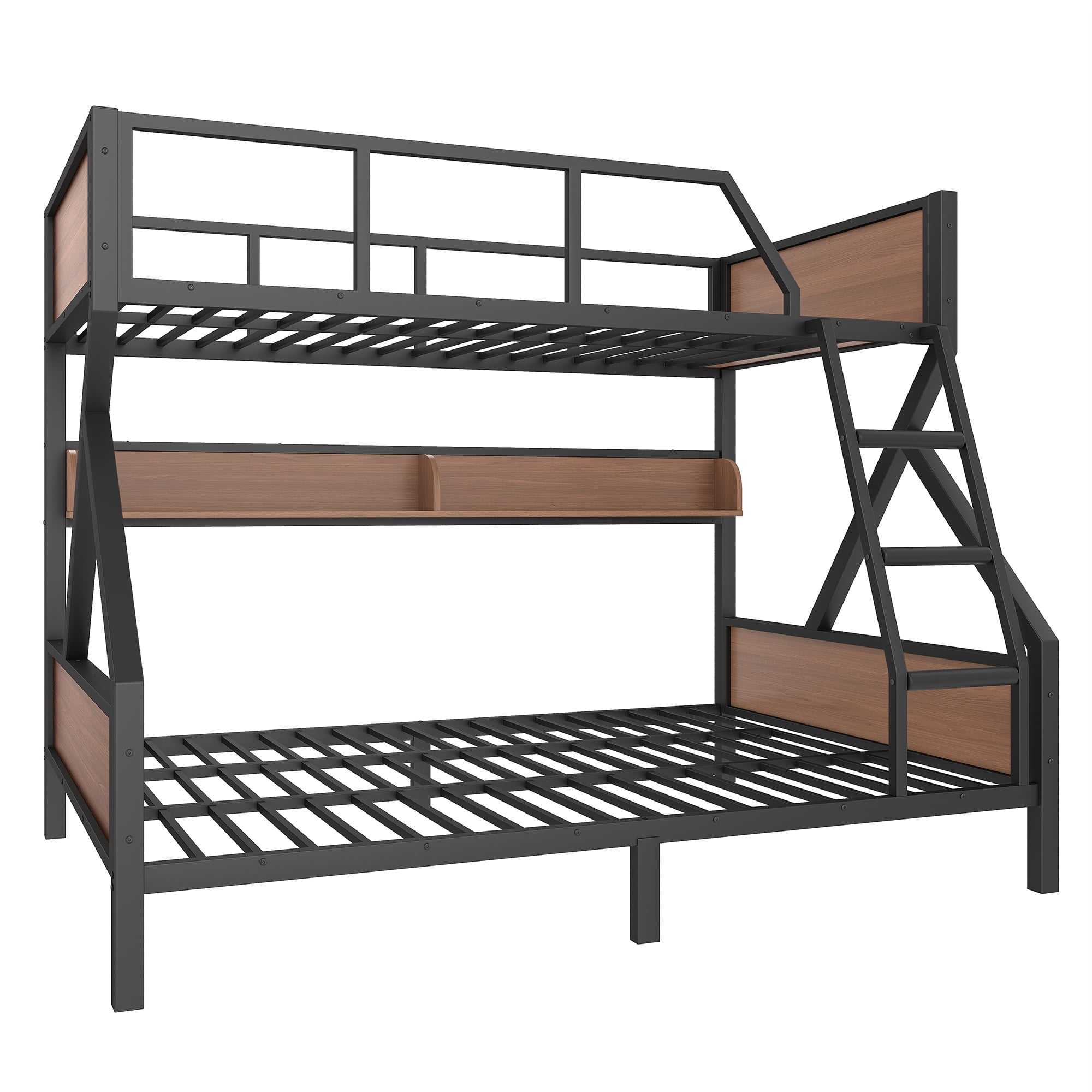 Full XL/Queen over Queen Metal Bunk Bed with Storage Shelves and LED Lights, Metal Bunk Bedframe with Safety Guardrails, Space-saving & Noise-free Design