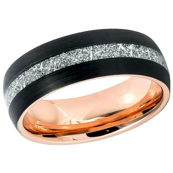 Free Engraving Personalized Custom Engraving Men's Women's Tungsten Wedding Band 8mm Semi-Domed Rose Gold IP Plated inside & Black IP Plated Outside with Imitation Meteorite InlaySZ: 7.5