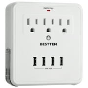 BESTTEN Wall Mount Surge Protector with 4 USB Charging Ports, 3 Electrical Outlets and 2 Slide-Out Phone Holders, 15A/125V/1875W, ETL Certified, White