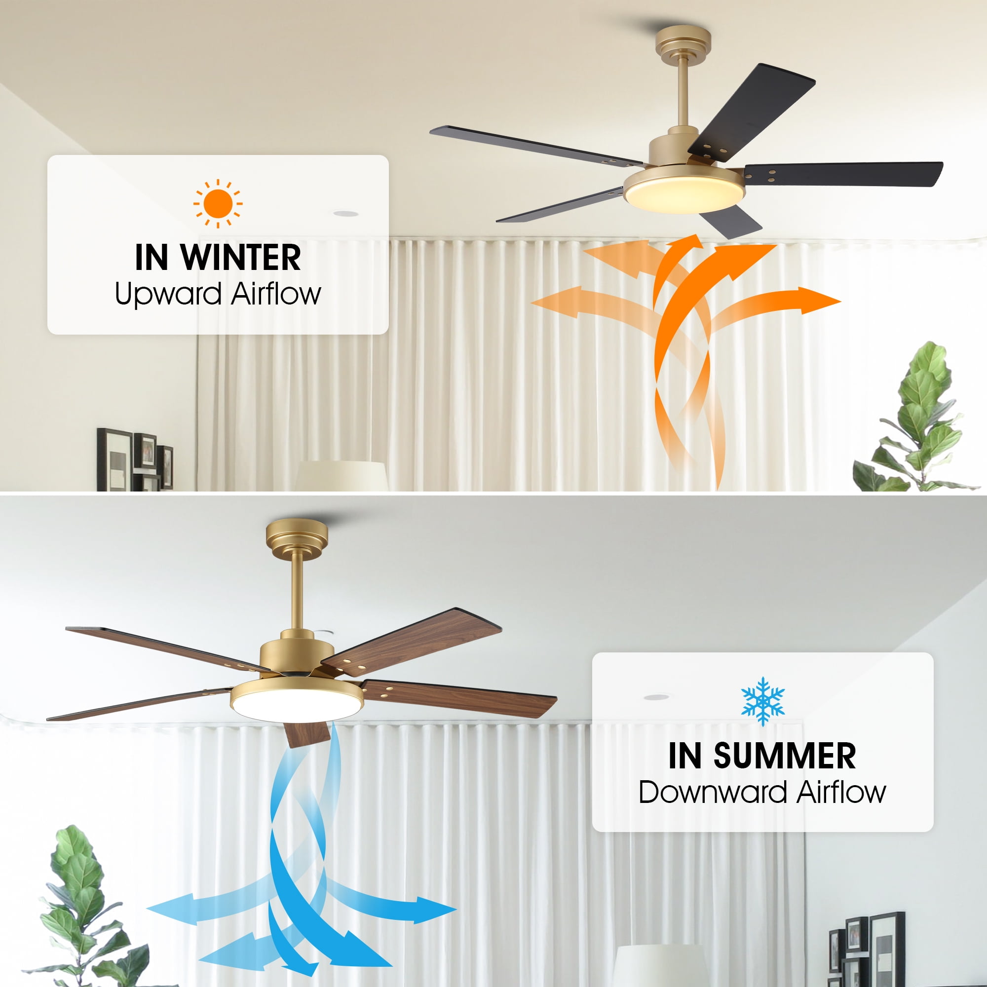 52" Modern Gold DC Motor Smart Ceiling Fan with Integrated LED Light and Remote,App Control