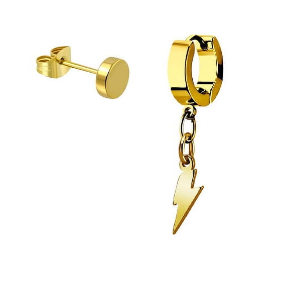 iJewelry2 Gold Tone Stainless Steel Dangling Thunderbolt Small Helix Huggie Hoop and Illusion Plug Stud Earrings