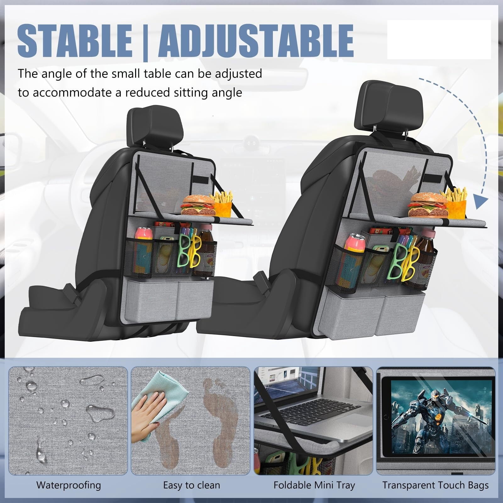 GUANGHUI Car Backseat Organizer with Tablet Holder,11 Storage Pockets with Foldable Food Tray, Protector Kick Mats for Kids, Travel Accessories Organizer (Gray, 1Pack)