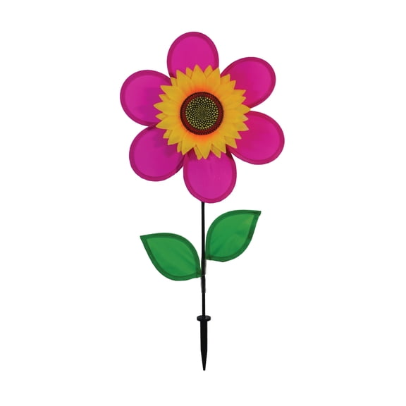 In the Breeze 2705 - 12 Inch Pink Sunflower Wind Spinner with Leaves - Colorful Flower for your Yard and Garden