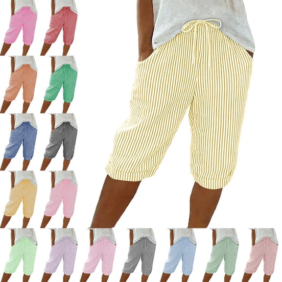 Smsaxvxz Womens Summer Striped Bermuda Shorts Fashion Drawstring Elastic Waist Casual Loose Summer Shorts Yellow 01 2XL