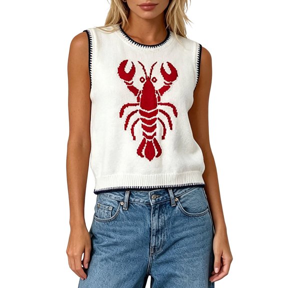 OOOUM Women Ribbed Knit Sweater Tank Top Sea Fashion Print Loose Cropped Sleeveless Casual Layering Shirts Tee For Women White S