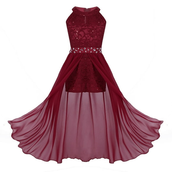 Xnihocha Big Girls Sparkly Rhinestone Romper Maxi Tailskirts Wedding Bridesmaid Flower Party Gown Burgundy 14