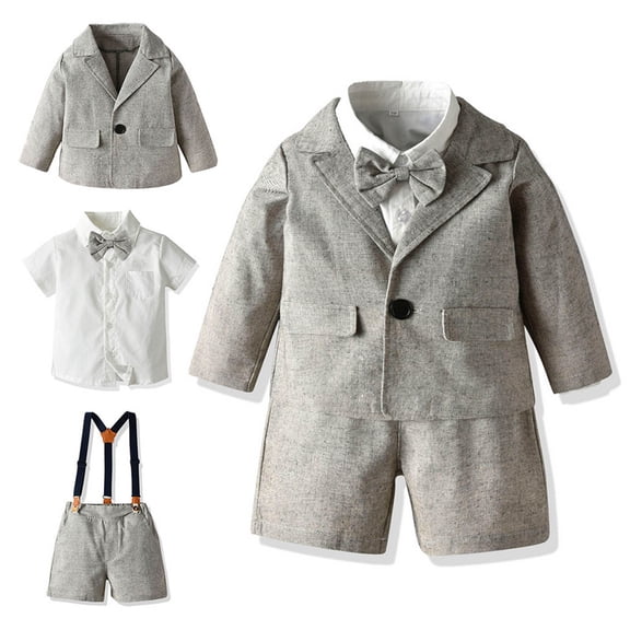 Baby Boy Outfits Toddler Boys Long Sleeve Plaid Jacket and Suspenders Pants Set Boys' Clothing Sets Grey 18-24 Months