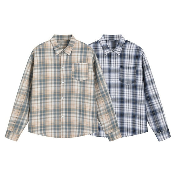 KeShDi Flannel Shirt Men Plaid Fashionable Casual Button Long Sleeve Turndown Collar Blouse Shirt Beige 3X