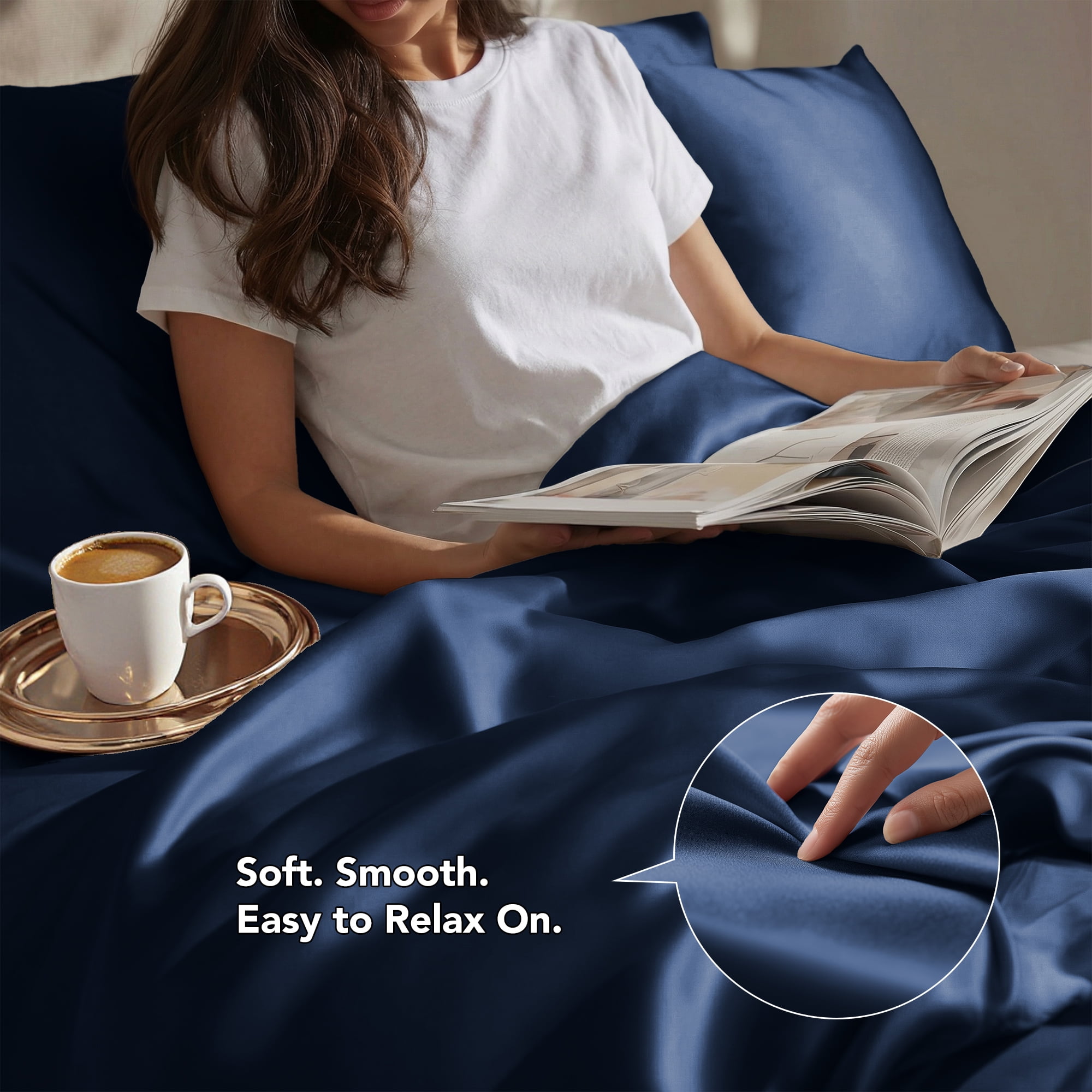 Deconovo Bed Sheets Set - Soft Breathable Bamboo Satin 4 Piece Eco-Friendly Moisture-Wicking Bedding, Navy Blue, Queen Size