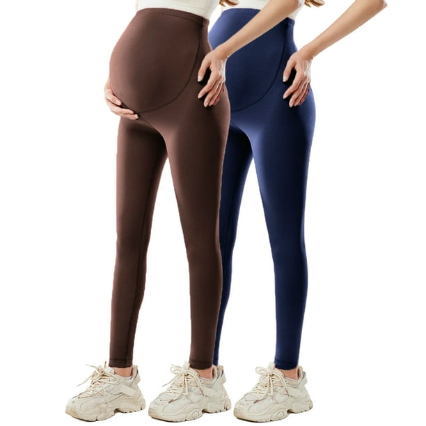 Amzcrzy 2PC Leggings premamá color liso por encima de la barriga clásicos largo completo cómodos suaves yoga ejercicio informal S-XL Marrón