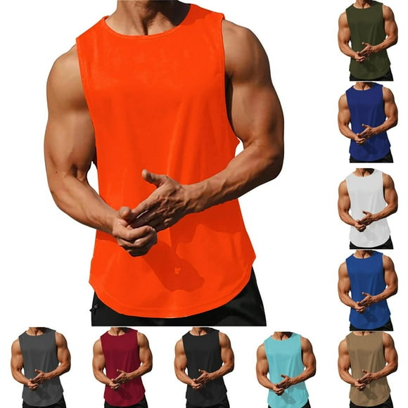 Txeol Deals Today Men's Summer Fitness Tank Tops Casual Solid Color Sleeveless Athletic Tee Shirts Round Neck Comfy Running Workout Tank Shirts,Blue,XXL
