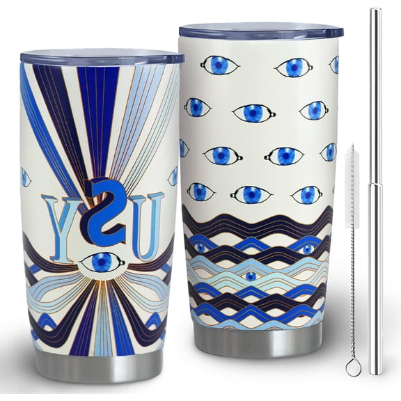 Evil Eye Tumbler with Lid and Straw, 20oz Vacuum Insulated Coffee Tumbler, Funny evil eye Coffee Mug as Birthday Gifts, Reusable Stainless Steel Tumbler Cups-Delft-Inspired Blues