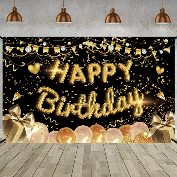 Happy Birthday Backdrop Banner Black Gold Happy Birthday Poster Photo Booth Background for Men Women Birthday Anniversary Party Decoration Supplies