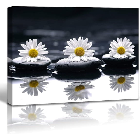 Black and White Canvas Wall Art Yellow Daisy Pictures Flower and Stone Paintings for Bathroom Living Room Bedroom Office Decoration Framed Still Life Modern Zen Home Decor 12"x16" 1 Panel