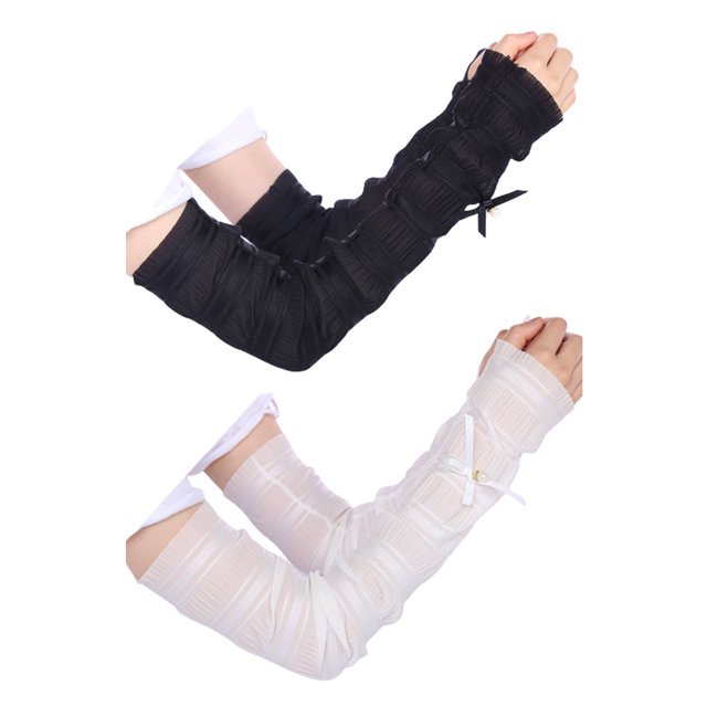 2 pares de mangas de encaje para damas que conducen en verano, mangas de protección solar para exteriores, protección UV, con lazos y perlas