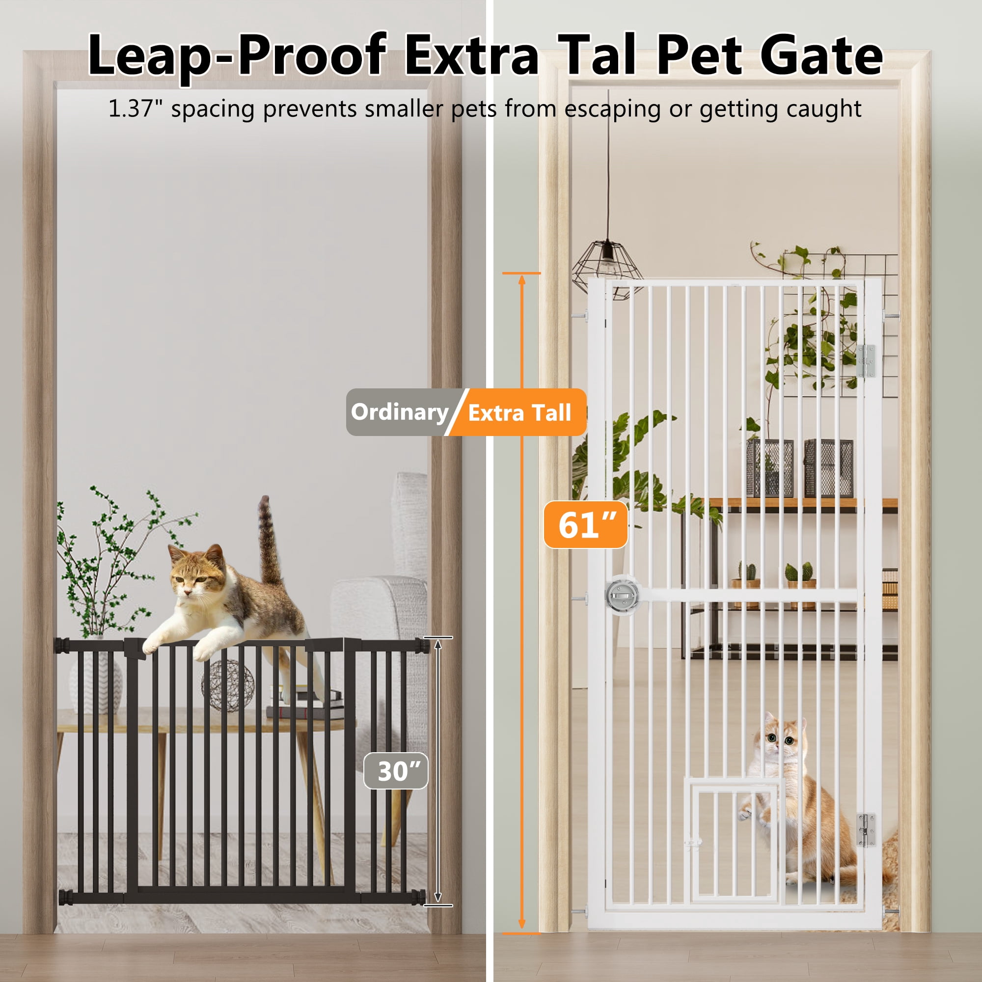 61" Extra Tall Cat Gate for Doorway, 30.2"-32.6" Adjustable Width Pet Gate with Cat Door, Walk-Through Design, Pressure Mount No Drill Installation, White