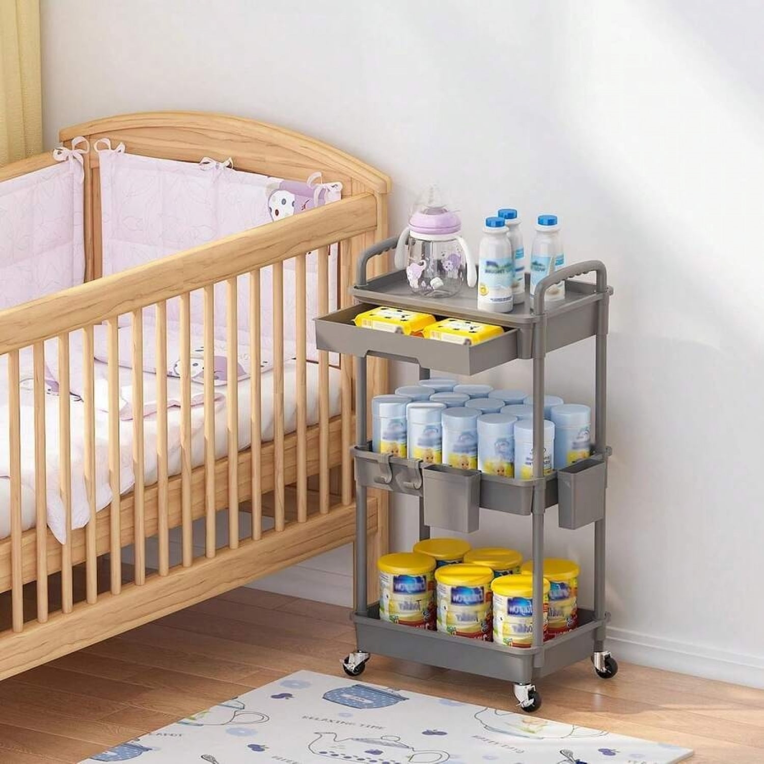 NTGFU 3 Tier Rolling Storage Cart with Drawers,Room Decor,Bathroom Decor,Rolling Utility Cart Rolling Storage Organizer Tool for Kitchen,Bathroom,Living Room,Office Outdoor Decor - Grey
