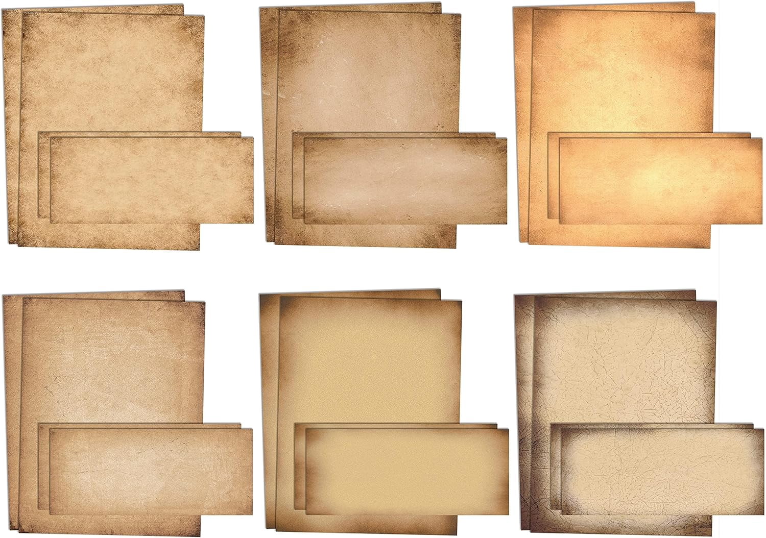 Aged Paper Stationery, 100 Piece Set (50 Sheets + 50 Matching Envelopes), Vintage Antique Old Fashion Parchment Paper, Letter Size 8.5 x 11", 6 Designs, Double Sided Paper,