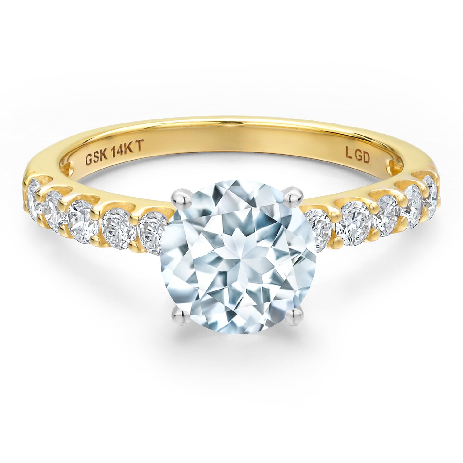 Gem Stone King 14K Two Tone Gold Sky Blue Aquamarine and Lab Grown Diamond Engagement Ring for Women | 1.13 Cttw | Round 6MM | Gemstone March Birthstone | Size 8