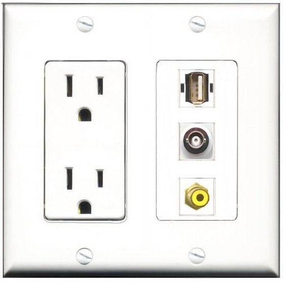 RiteAV - 15 Amp Power Outlet 1 Port RCA Yellow 1 Port USB A-A 1 Port BNC Decorative Wall Plate
