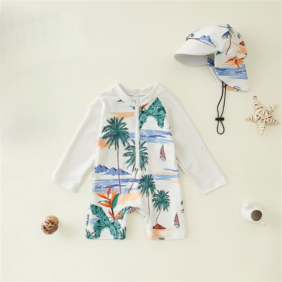 Baby Swimsuit Boys Print Zip Long Sleeve One Piece with Hat Girls Bathing Suit Beige 18-24 Months