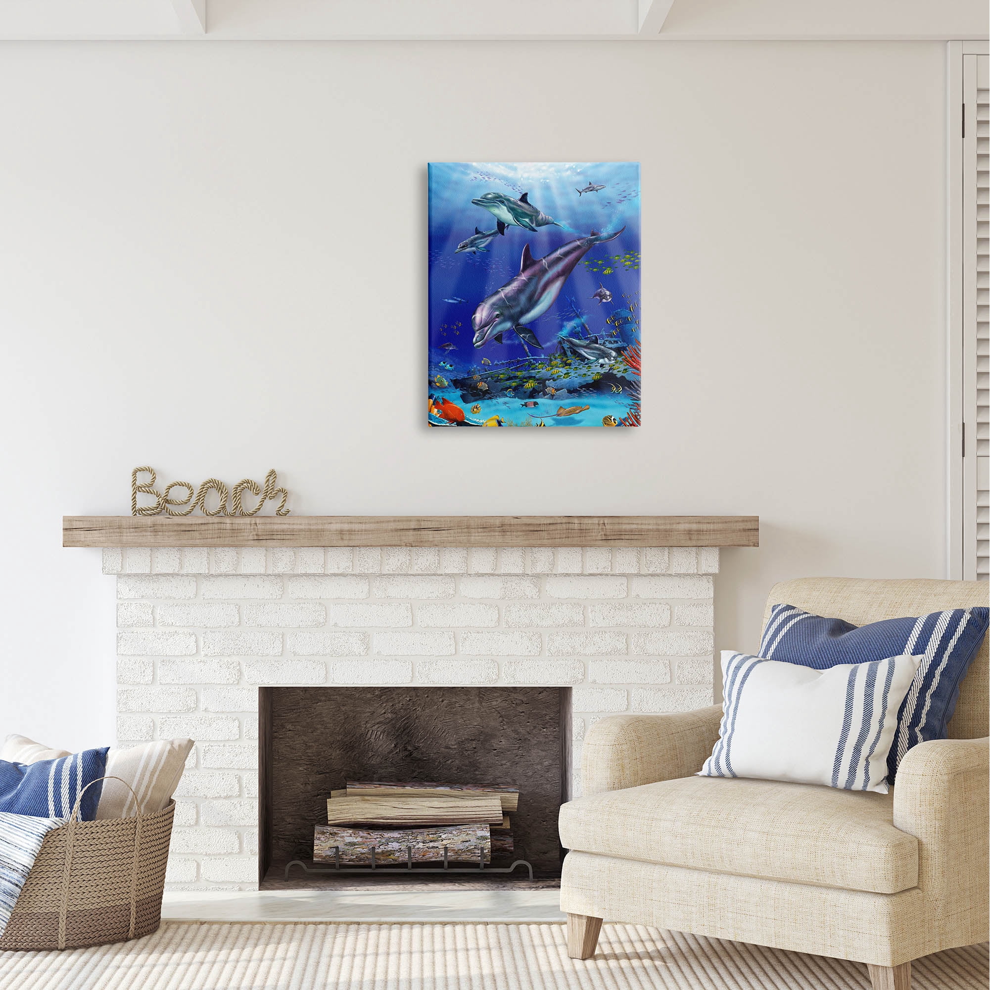 Stupell Industries Aquatic Dolphins & Fish Coastal Painting Gallery Wrapped Canvas Print Wall Art